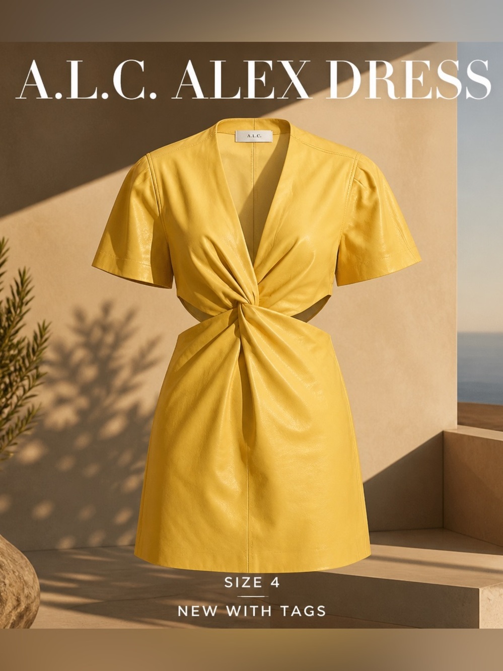 NWT A.L.C. Alex faux leather in Maize side cutouts Twist-Knot Mini Dress sz 4